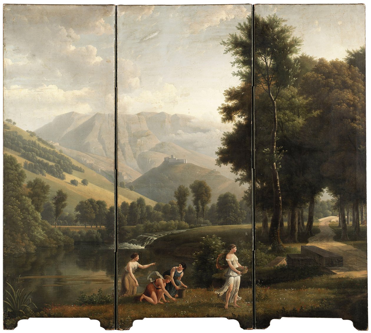 Arkádská krajina s dívkami sbírajícími květiny na břehu řeky, hrad na kopci, 1801 od Alexandre Hyacinthe Dunouy
