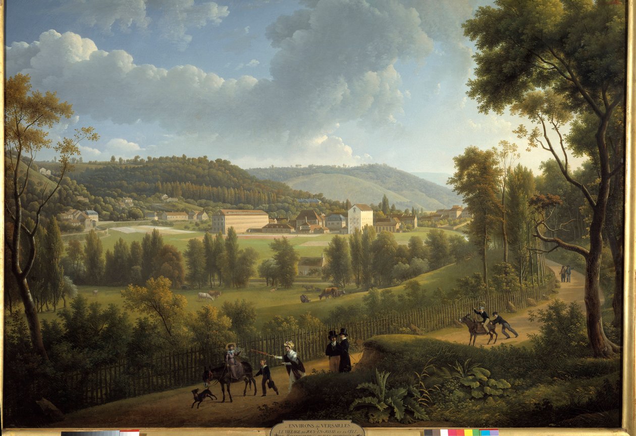 Pohled na vesnici Jouy en Josas (Jouy-En-Josas) s továrnou založenou v roce 1785 Oberkampfem (1738 - 1815). Obraz Alexandre Dunouy (1757-1841) od Alexandre Hyacinthe Dunouy