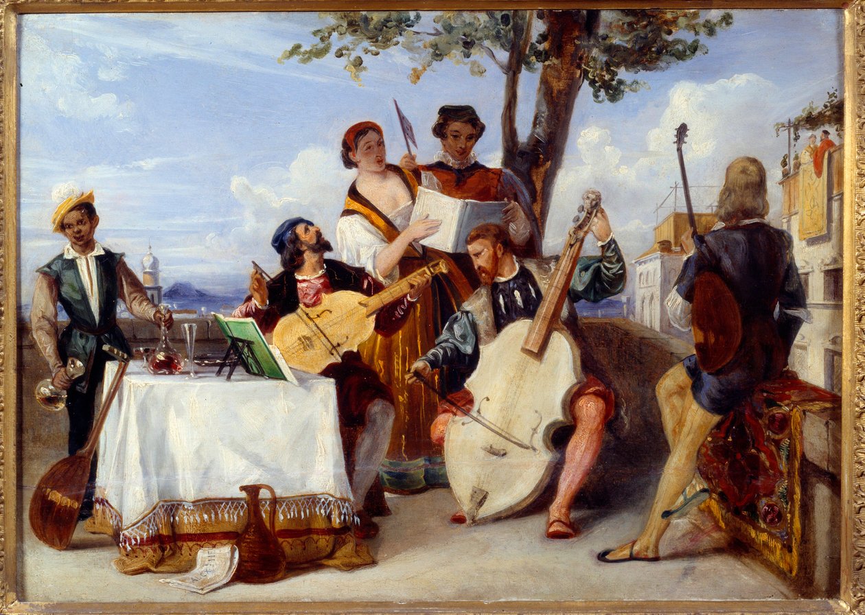 Benátské koncertní hudebníky (violoncello, loutna, housle) a zpěváky na terase obsluhuje černý sluha. Obraz Alexandre Hesse (1806-1879) 19. století Nantes, Muzeum výtvarných umění od Alexandre Jean Baptiste Hesse