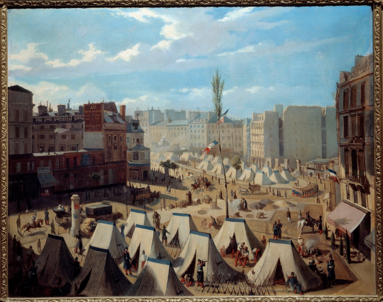 Vojskový tábor na Boulevard du Temple během dnů června 1848. Pohled na Paříž během revoluce v roce 1848. Obraz Alexandra Josquina (19. století). Olej na plátně. Rozměr: 0,64 x 0,81 m. Paříž, Musee Carnavalet - Tábořiště vojáků na Boulevardu od Alexandre Josquin