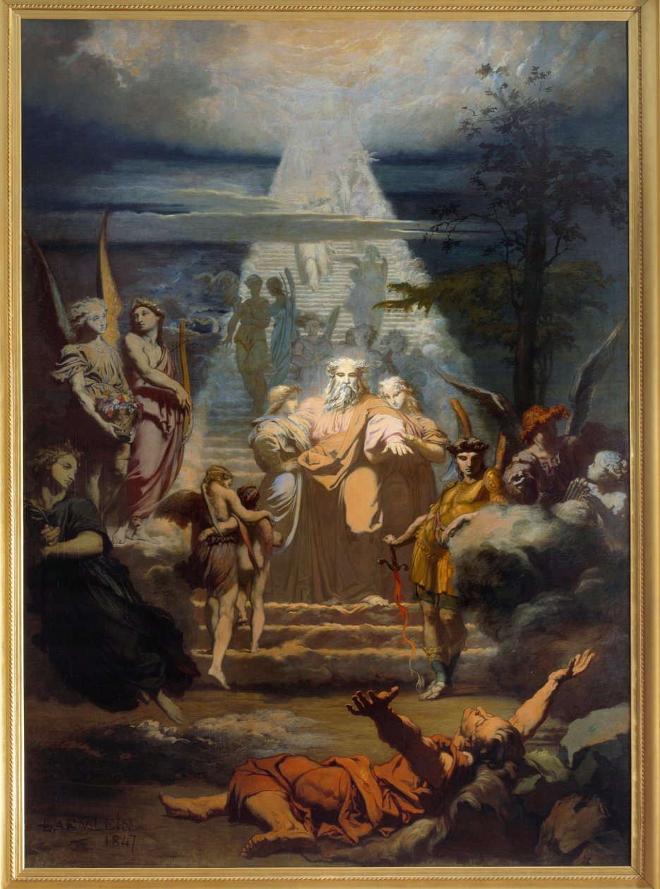 Žebřík Jacoba Jacoba, který opustil svou zemi, usnul a snil o velkém měřítku. Obraz Alexandra Laemleina (1813-1871) od Alexandre Laemlein
