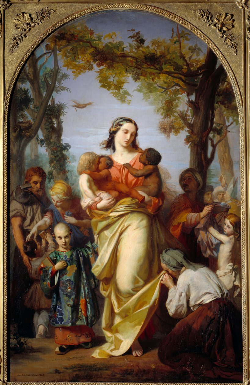 Univerzální charita. Zosobnění Charity držící v náručí různé národy světa. Obraz Alexandra Laemleina (1813-1871) od Alexandre Laemlein