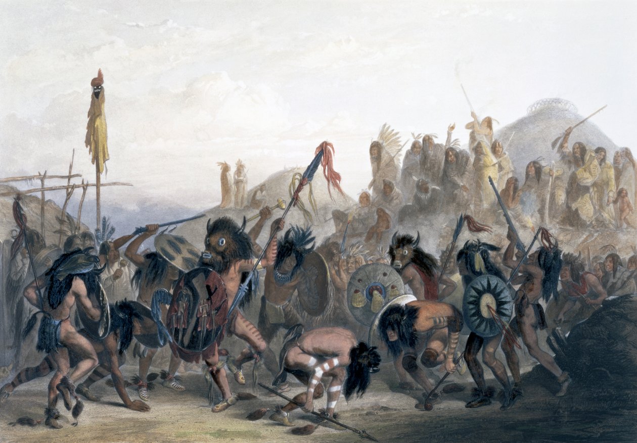 „Bison-Dance of the Mandan Indians před jejich Medicine Lodge v Mih-Tutta-Hankush“, 1843 od Alexandre Manceau