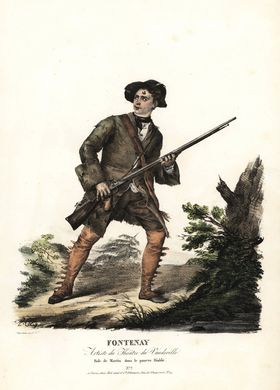 Jean-Baptiste Fontenay a Martin v Le Poor Diable od Balissona a Dumersana, Theater du Vaudeville. Ručně kolorovaná litografie F. Noela podle ilustrace Alexandre-Marie Colina z portrétů hereček v různých rolích, F. Noel, Paříž od Alexandre Marie Colin