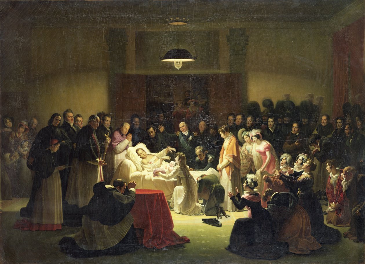 Poslední chvíle Karla-Ferdinanda Francouzského (1778-1820) ve správním sále pařížské opery, 14. února 1820, asi 1828 od Alexandre Menjaud