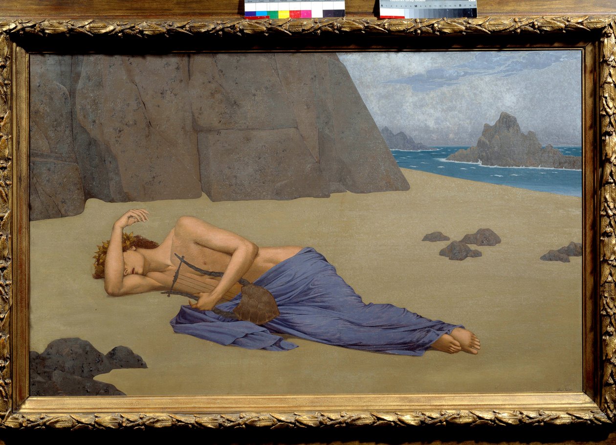 Oplakávání obrazu Orphee od Alexandra Seona (1855-1917) 1896. Rozm. 0,73 x 1,16 m. Musee d