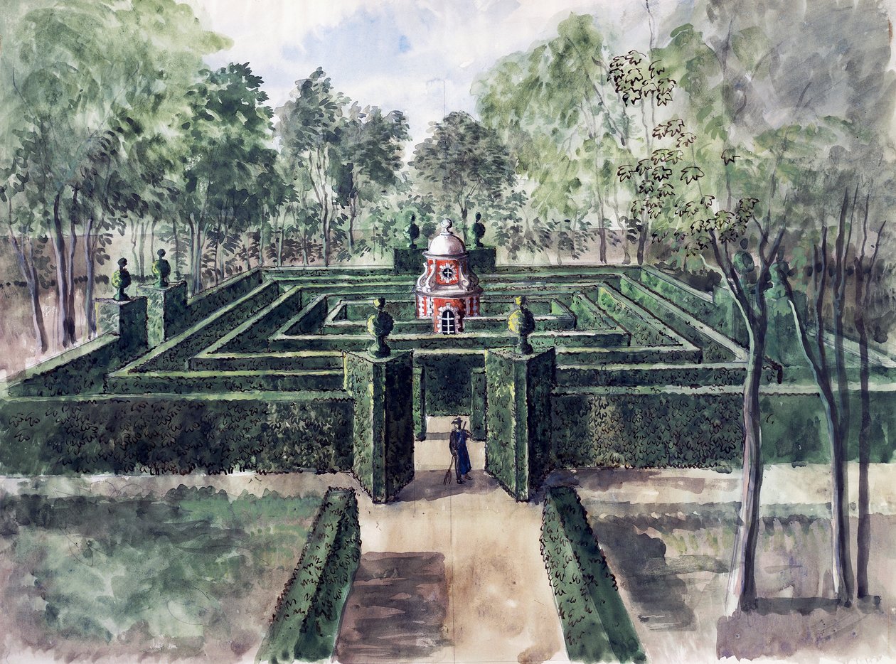 Chateau de Groussay, labyrint navržený Charlesem de Beistegui, Alexandre Serebriakoff (1907-1944), akvarel, Francie, 20. století od Alexandre Serebriakoff