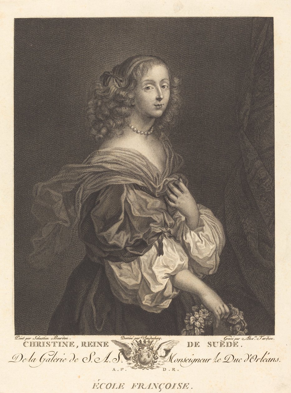 Švédská královna Christina od Alexandre Tardieu after Sébastien Bourdon after Charles Auguste van den Berghe