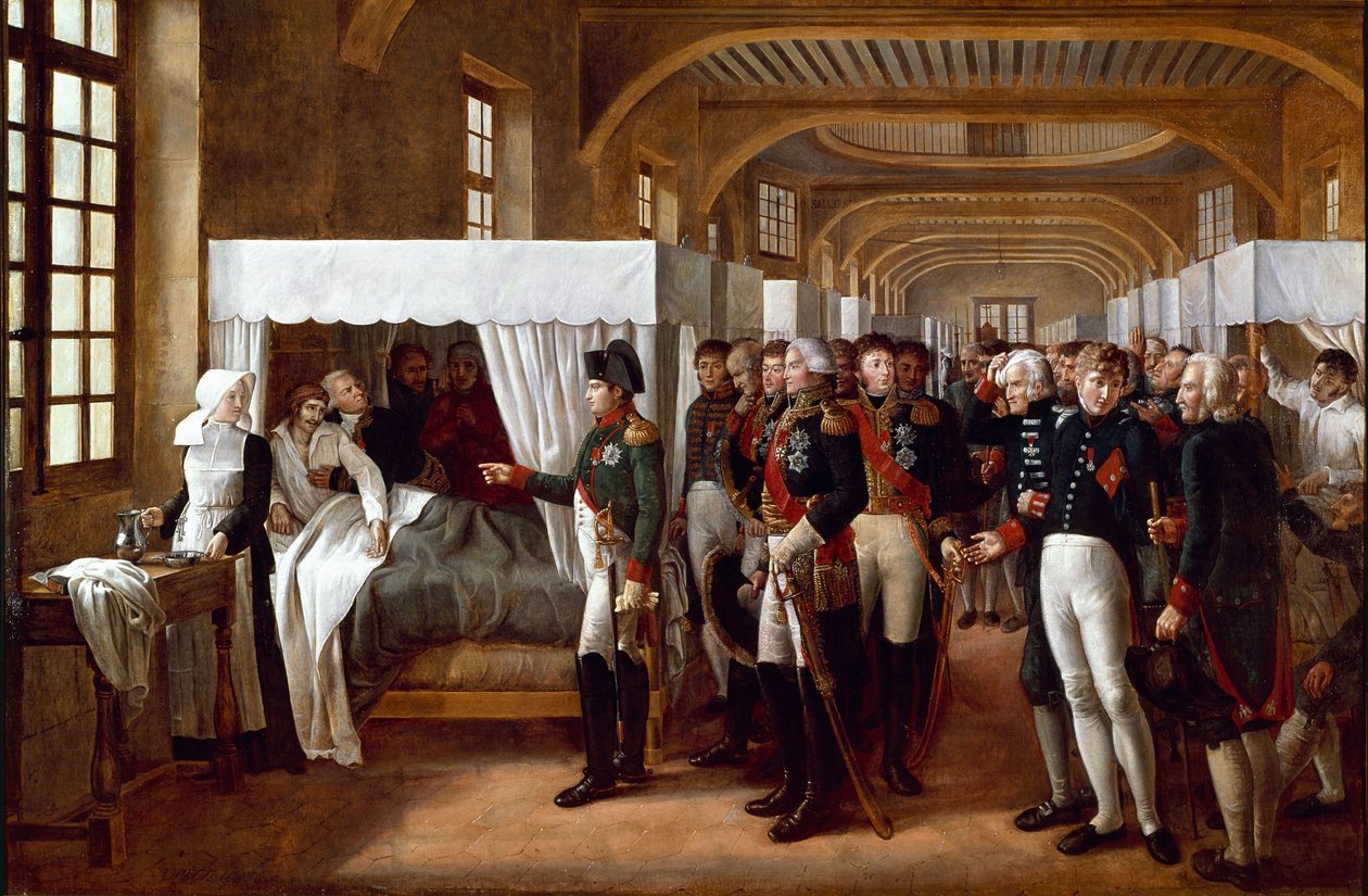 Císař Napoleon I. (1769-1821) v doprovodu lékařů a generálů (marechal Jean Mathieu Philibert Serurier, guvernér Invalidovny, Louis Alexandre (Louis-Alexandre) Berthier a Joachim Murat, Gerard (Geraud) Christophe Michel Duroc, velký maršál od Alexandre Veron Bellecourt