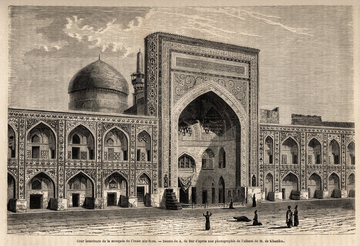 Vnitřní nádvoří mešity imáma Aly Rizy a Mashhad, kresba A. de Bar, pro ilustraci cesty do Khorasan (Khorasan, Chorasan nebo Khurasan) v roce 1858, N. de Khanikof. Rytina v “”Le tour du monde”” 1861. Selva sbírka. od Alexandre de (after) Bar