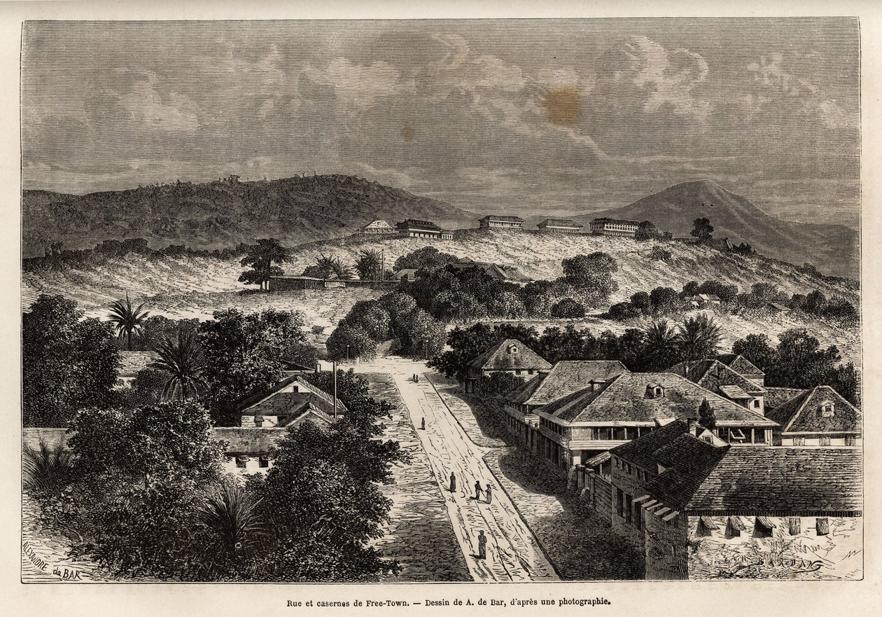 Rue et barracks de Freetown, Sierra Leone, rytina podle kresby A. de Bara, znázorňující plavbu na Côte d