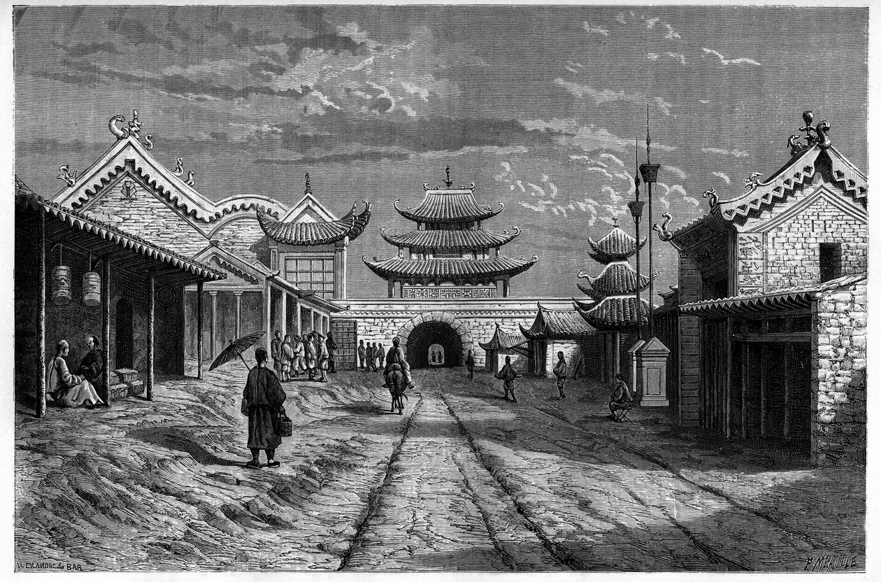 Pohled z ulice na "Youn Tchen Sian", Čína. Rytina podle kresby A. de Bara v „Le Tour du Monde, Nouveau journal des Voyages“, editoval Edouard Charton, Paříž od Alexandre de (after) Bar