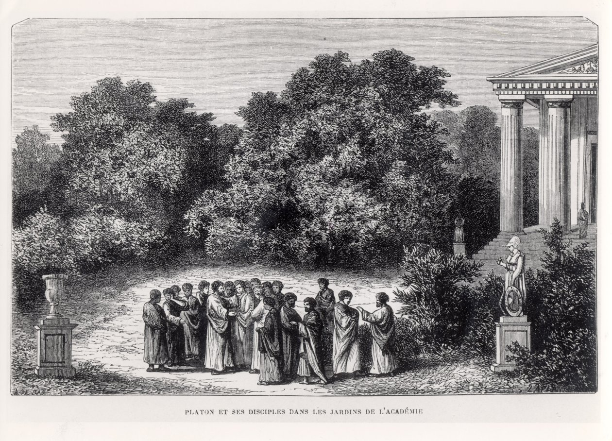 Platón (asi 427-asi 348 př. n. l.) a jeho učedníci v zahradě Akademie, z „La Vie des Savants Illustres“ od Louise Figuiera, vyryto Laplantem, kolem roku 1870 od Alexandre de Bar