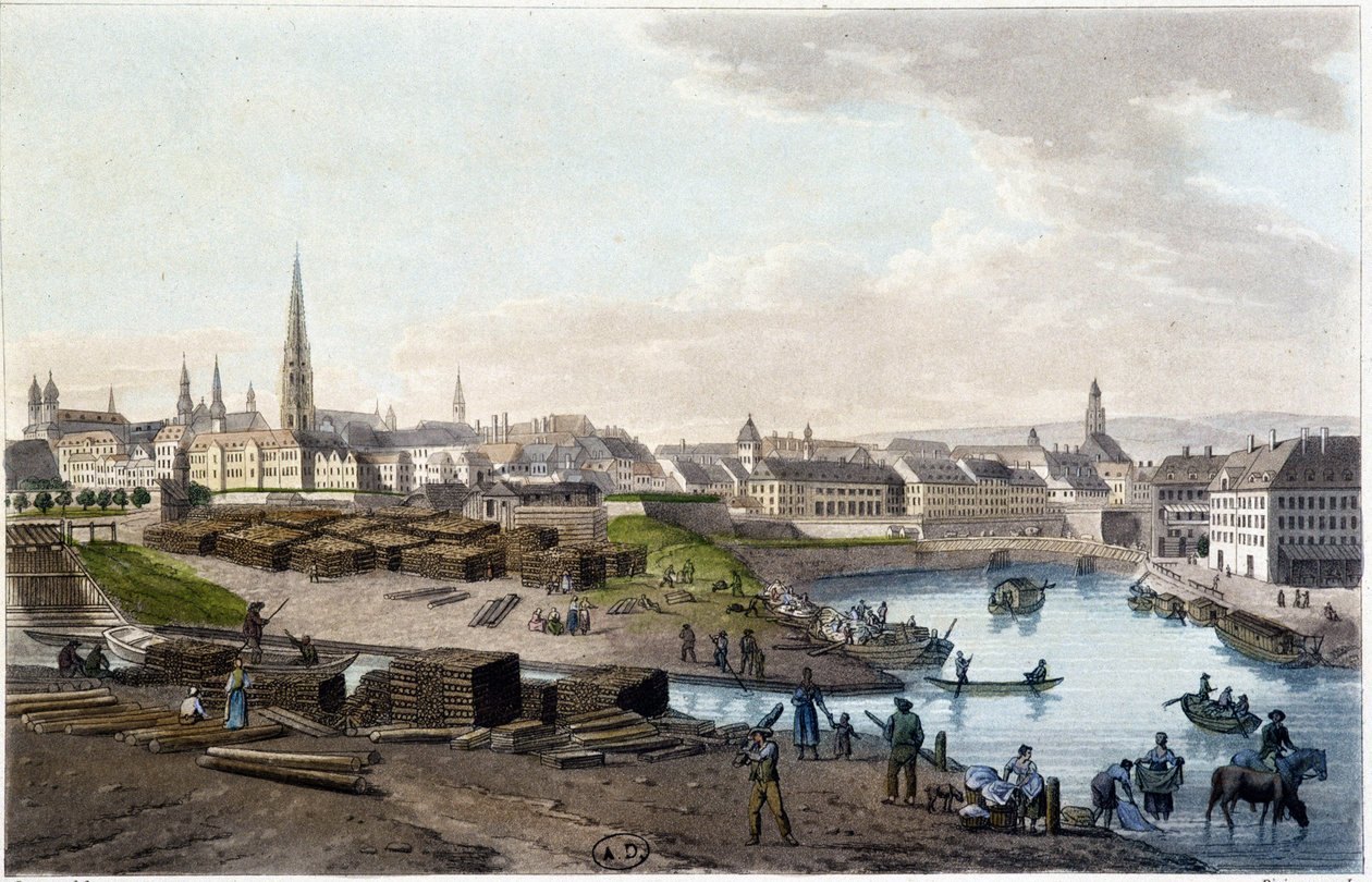 Pohled na Vídeň z pobřeží Leopold-Stadt (práce na přístavišti) - v „“ Malebný výlet do Rakouska od hraběte Alexandra de Laborde“, Paříž, ed. starší Didot od Alexandre de Laborde