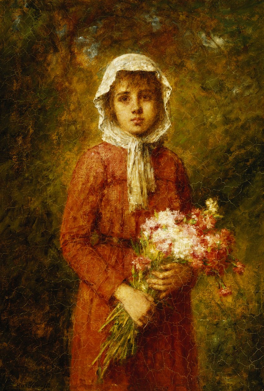 Mladá dívka drží kytici květin, od Alexei Alexevich Harlamoff