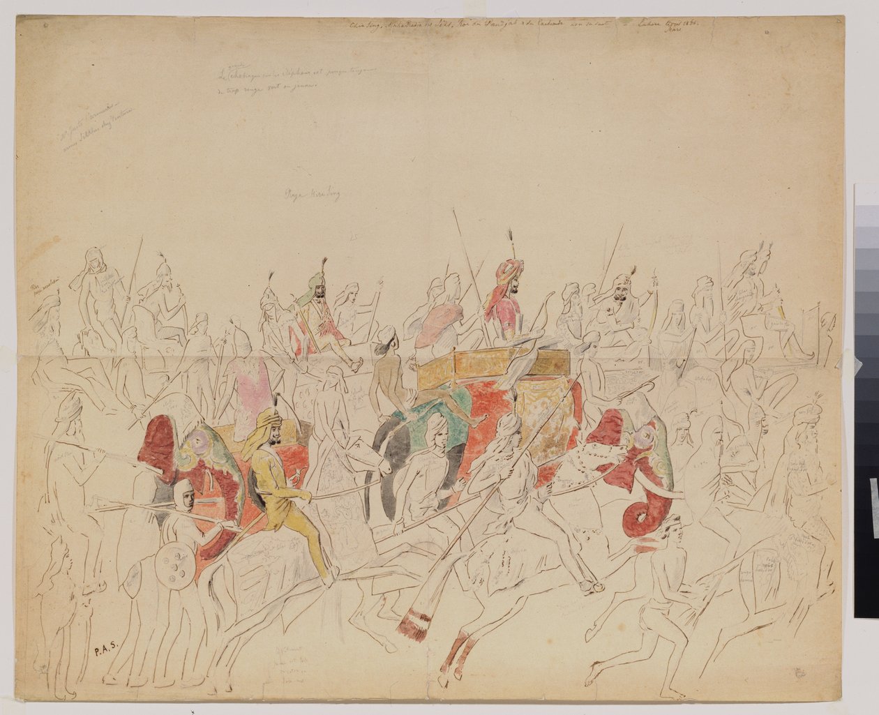 Maharaja Sher Singh (1807-1843) z Paňdžábu (Indie) a jeho dvůr. Dílo Alexeje Dmitrieviče Saltykova (1806-1859), akvarelová tužka a inkoust na papíře od Alexei Dmitrievich Saltykov