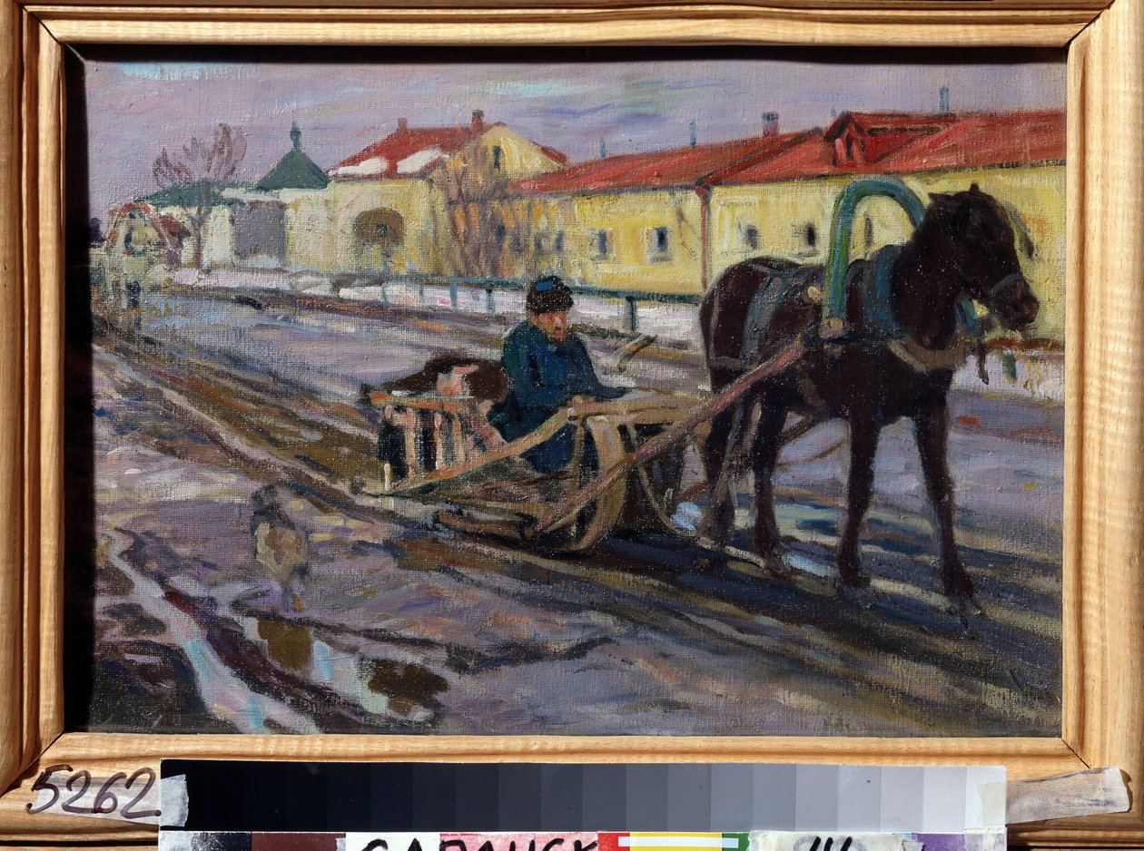 Koňské spřežení (jízda na saních). Na ulici ruské vesnice v zimě muž řídí tým. Obraz Alexeje Michajloviče Korina (Korine) (1865-1923), olej na plátně od Alexei Mikhailovich Korin