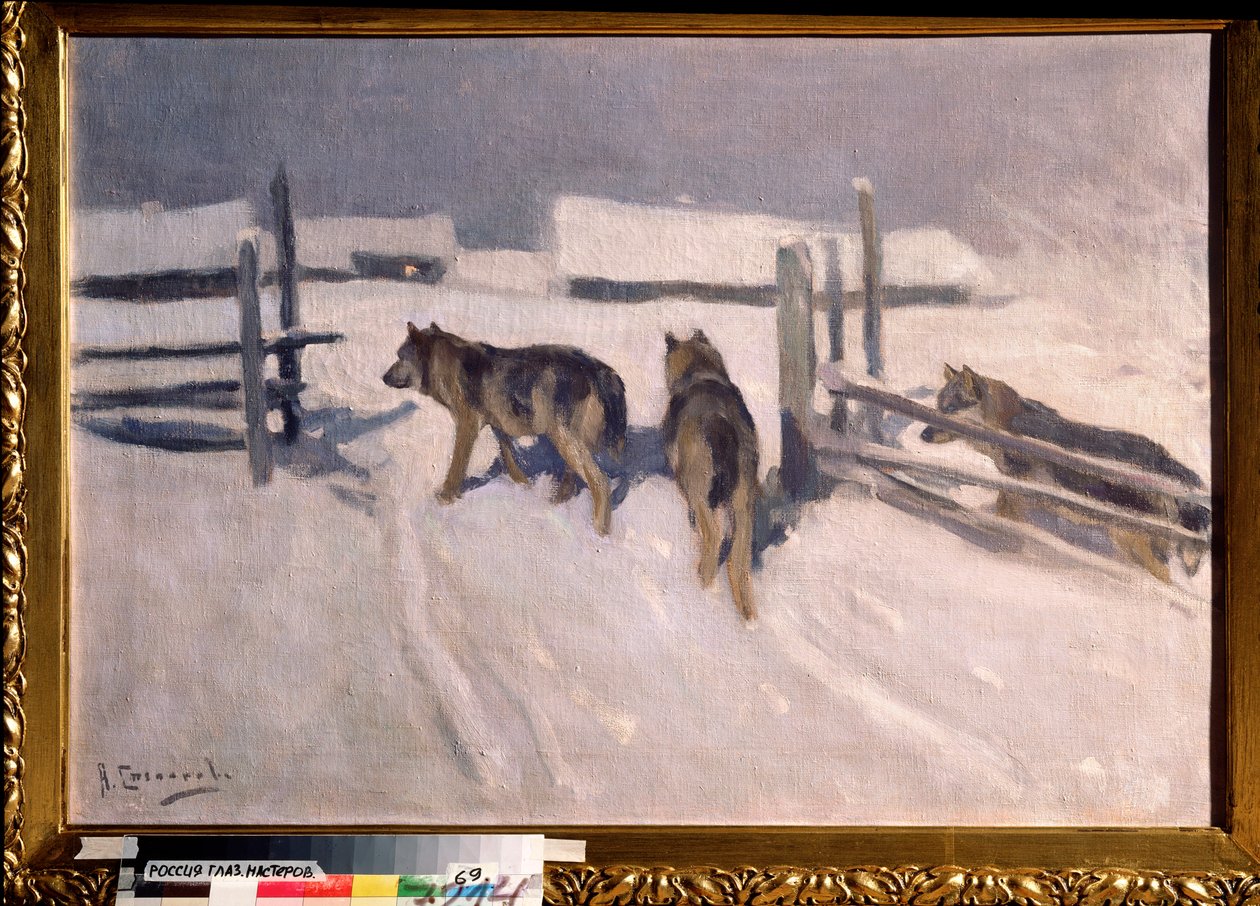 Vlci, zimní noc (Vlci, Zimní noc) - Obraz Alexeje Stěpanoviče Stěpanova (1858-1923), olej na plátně, cca 1910, ruské umění, začátek 20. století - Soukromá sbírka od Alexei Steipanovitch Stepanov