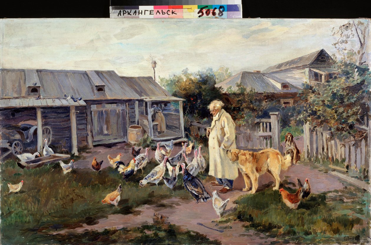 Ranní pozdrav - Zvířata ze dvora obklopují farmáře - Malba Alexeje Stěpanoviče Stěpanova (1858-1923), olej na plátně, konec 1890, ruské umění od Alexei Steipanovitch Stepanov