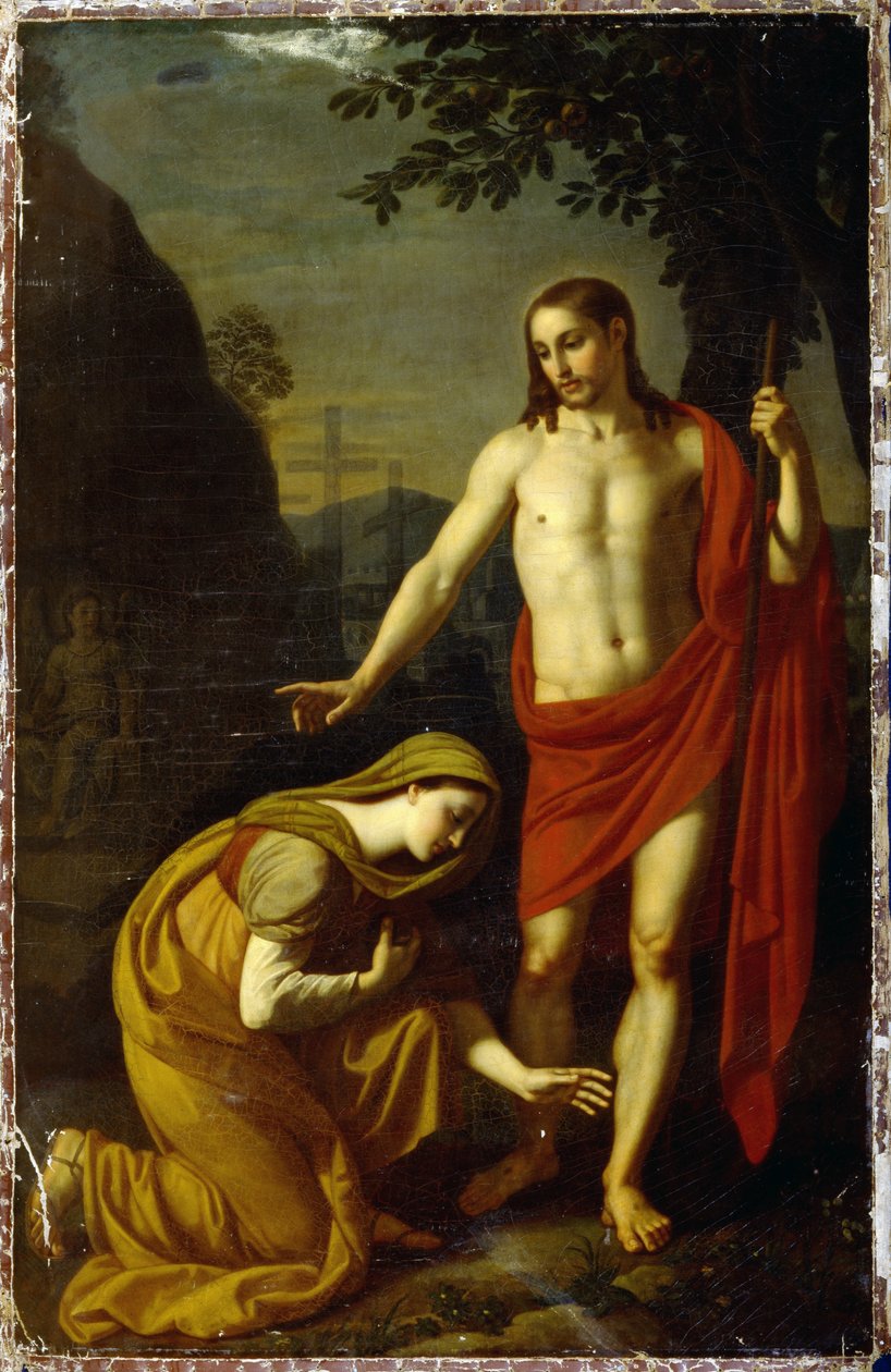 Noli Me Tangere. (Nesahej na mě). Slova Ježíše během jeho zmrtvýchvstání, adresovaná Marii de Magdaléně (Marii Magdaléně), v pozadí mučící kříže na hoře Golgota. Obraz Alexeje Jegoroviče Jegorova (1776-1851), olej na plátně od Alexei Yegorovich Yegorov