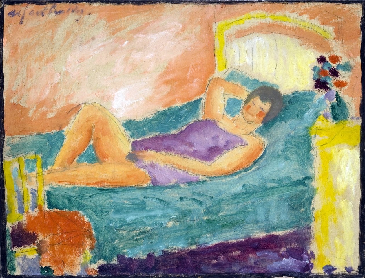Dívka si lehne. (Ležící dívka). Dílo Alexeje von Javlenského (Alexi von Jawlensky, Alexej von Javlenski) (1864-1941). olej na kartonu od Alexej von Jawlensky