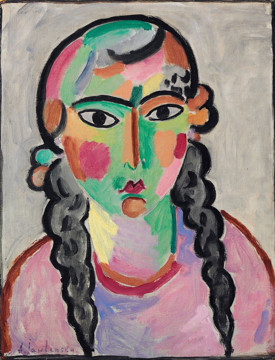 La fille pale aux tresses grises - Bledá dívka s šedými copánky od Alexeje von Jawlensky (Jawlensky) (1864-1941). Olej na papíře, c. 1916. Rozměr : 63,5x49,5 cm. Soukromá sbírka od Alexej von Jawlensky