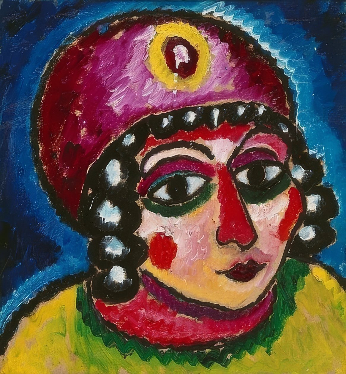 Dívčí hlava s červeným turbanem a žlutým agrafem (barbarská princezna). Kolem roku 1912 od Alexej von Jawlensky