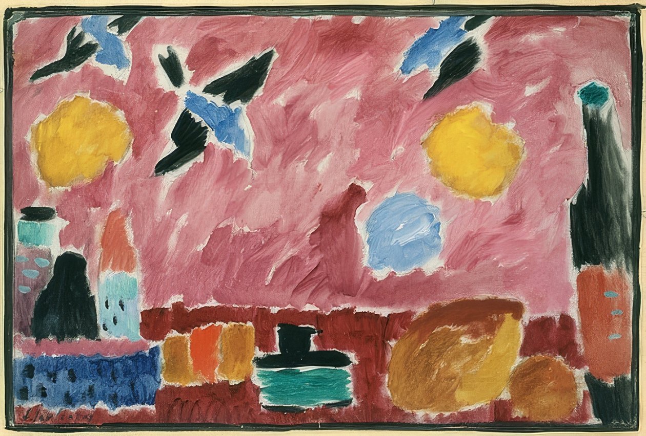 S tapetou červené vlaštovky (zátiší s lahví, chlebem a tapetou červené vlaštovky). 1915 od Alexej von Jawlensky