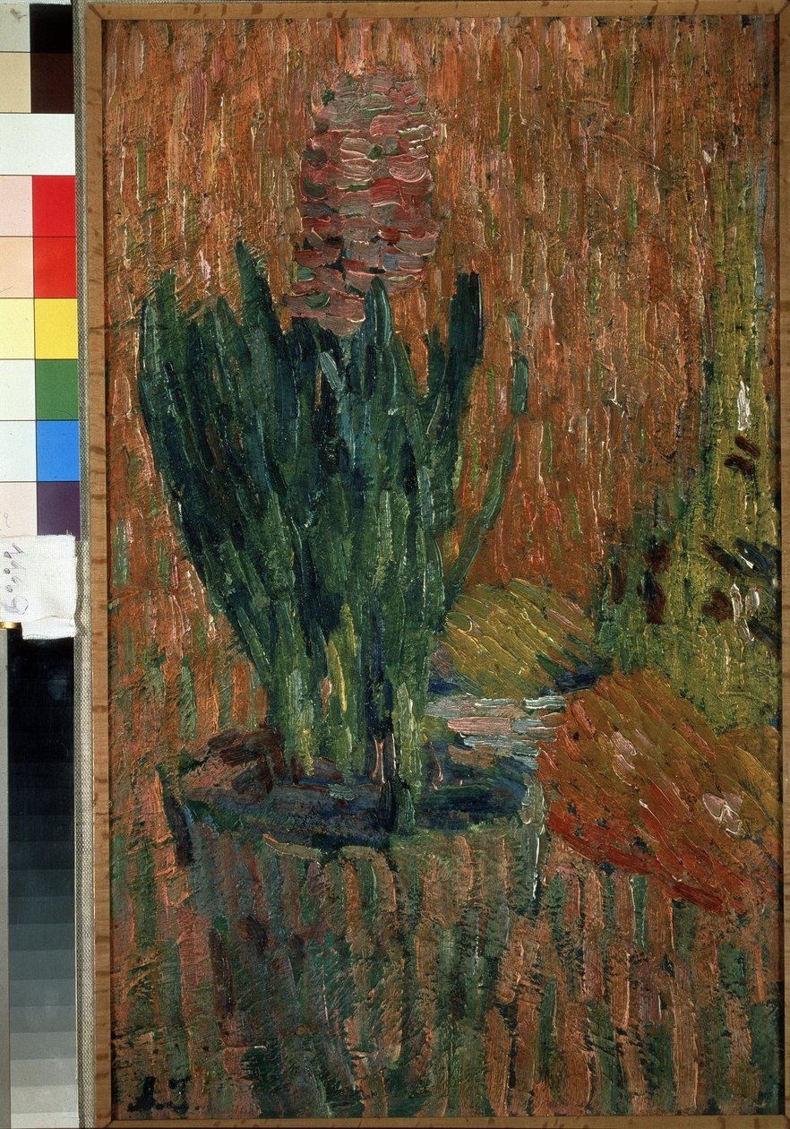 Nature morte (Zátiší). Hrnková květina na rohu stolu. Dílo Alexeje von Javlenského (Alexi von Jawlensky, Alexej von Javlenski) (1864-1941), olej na kartonu od Alexej von Jawlensky