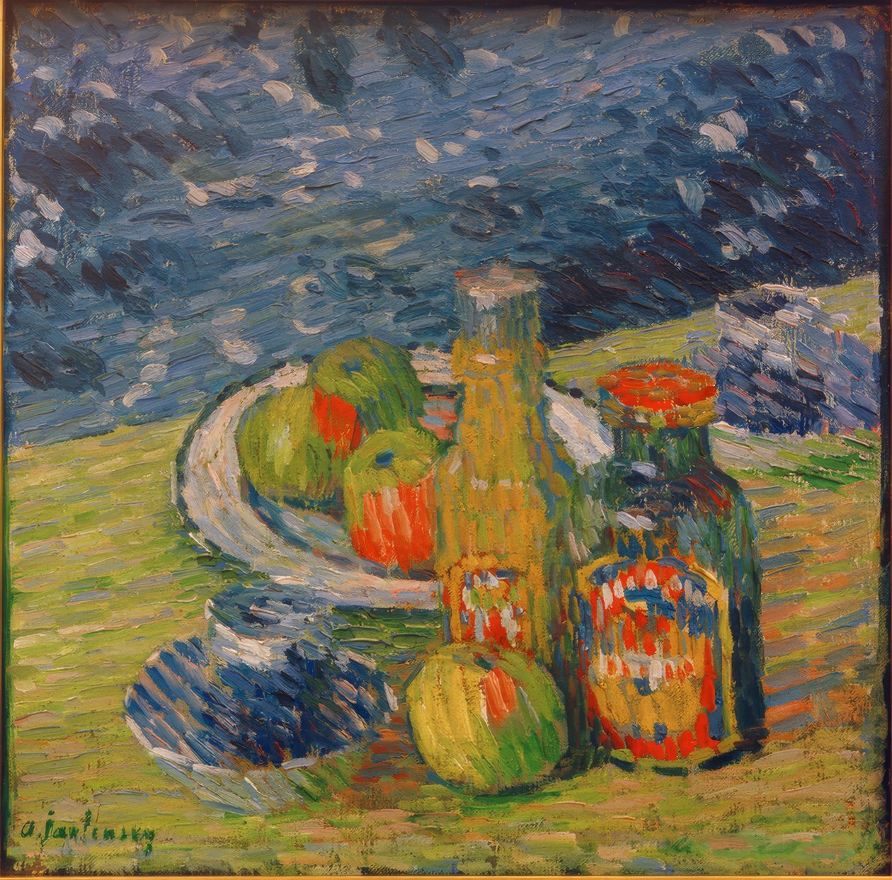 Zátiší s lahvemi, mísou ovoce a pohárem od Alexej von Jawlensky