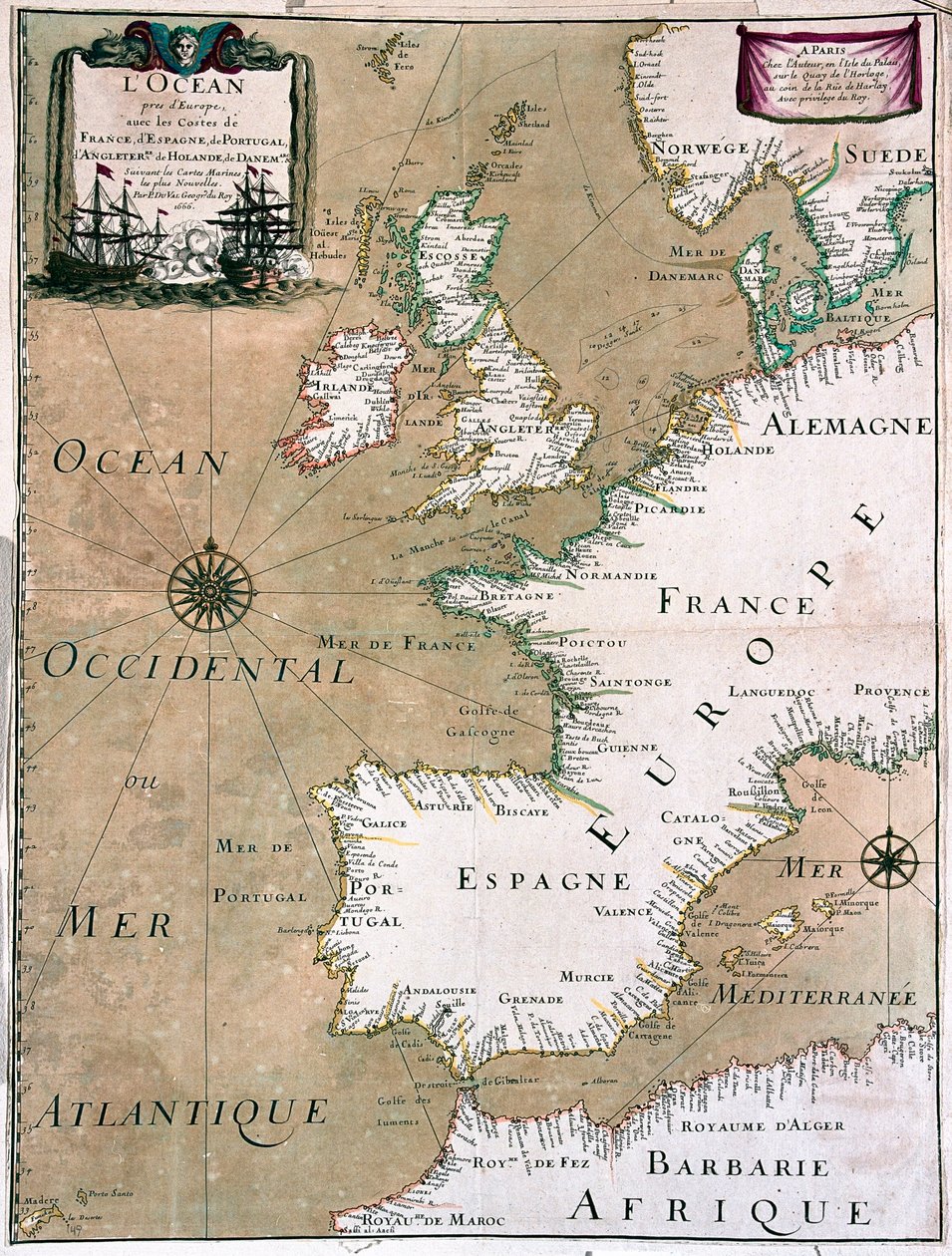 Oceán s pobřežím Francie, Španělska, Portugalska, Anglie, Nizozemska, Dánska - podle A od Alexis-Hubert Jaillot