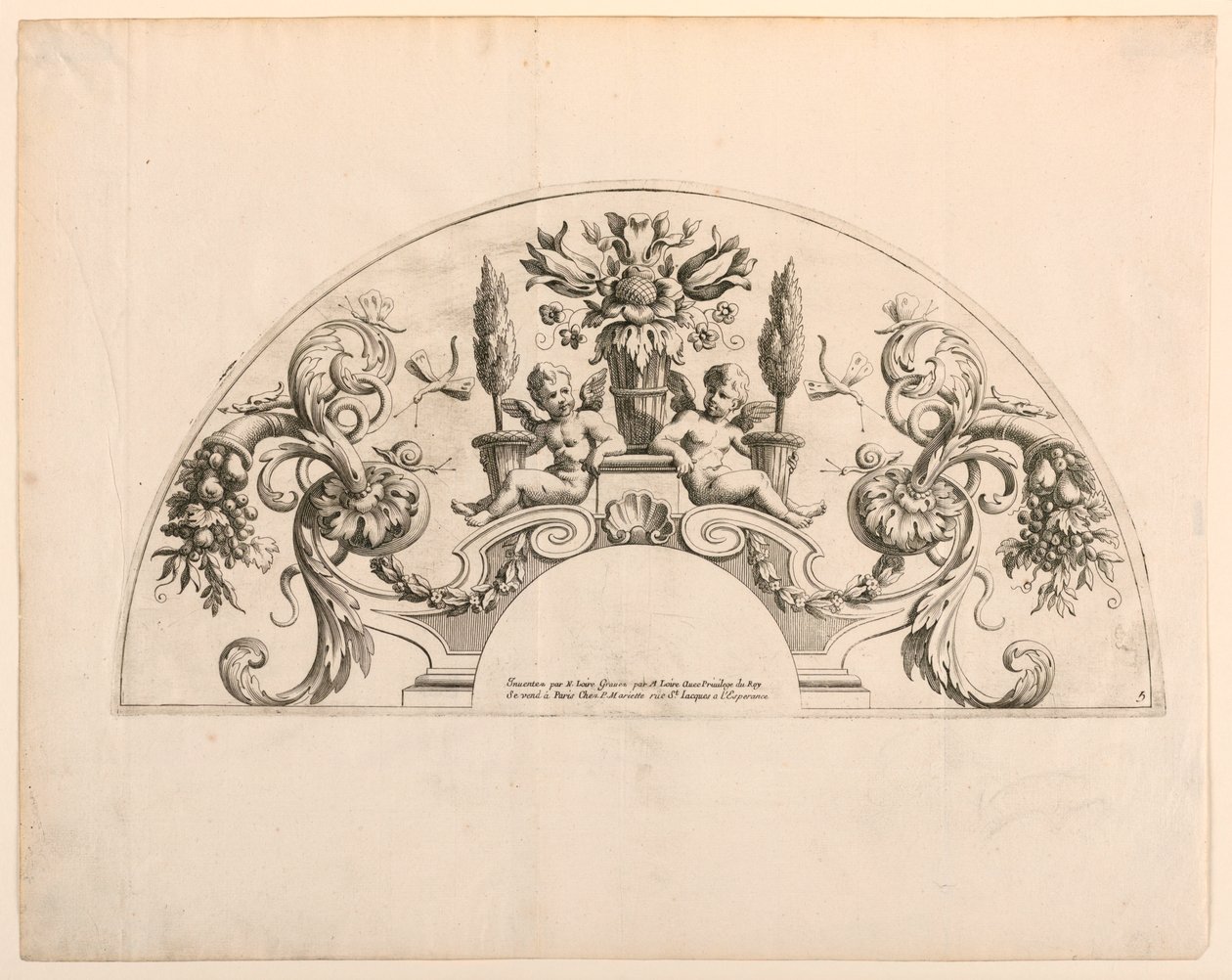 Vějířové listy, Pátá a šestá deska souboru, "Divers Desseins de grands Eventails, Encrans, et autres Ornamens, vynalezené a vyryté podle Nicolase Loire" od Alexis Loir
