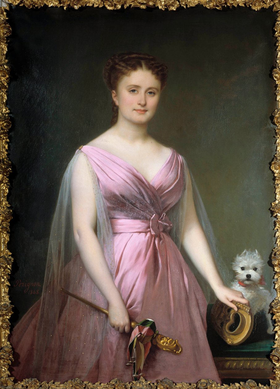 Portrét divadelní komičky Hortense Schneiderové (1833-1920) v šílenství Obraz Alexise Nicolase Perignona Mladého (1785-1864) Slunce 19. století. 1,5x0,5 m Compiegne musee du chateau od Alexis Nicolas Perignon