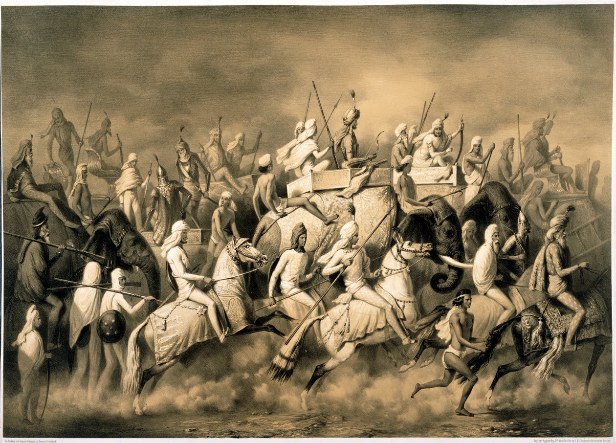 Maharaja Sher Singh z Paňdžábu a jeho doprovod na lovu, ilustrace z „Cesty v Indii během let“ od Alexis Prince Soltykoff