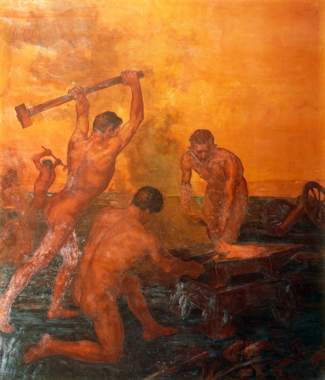 Kovárna, levý panel triptychu Železničáři od Alfonso Quarantelli