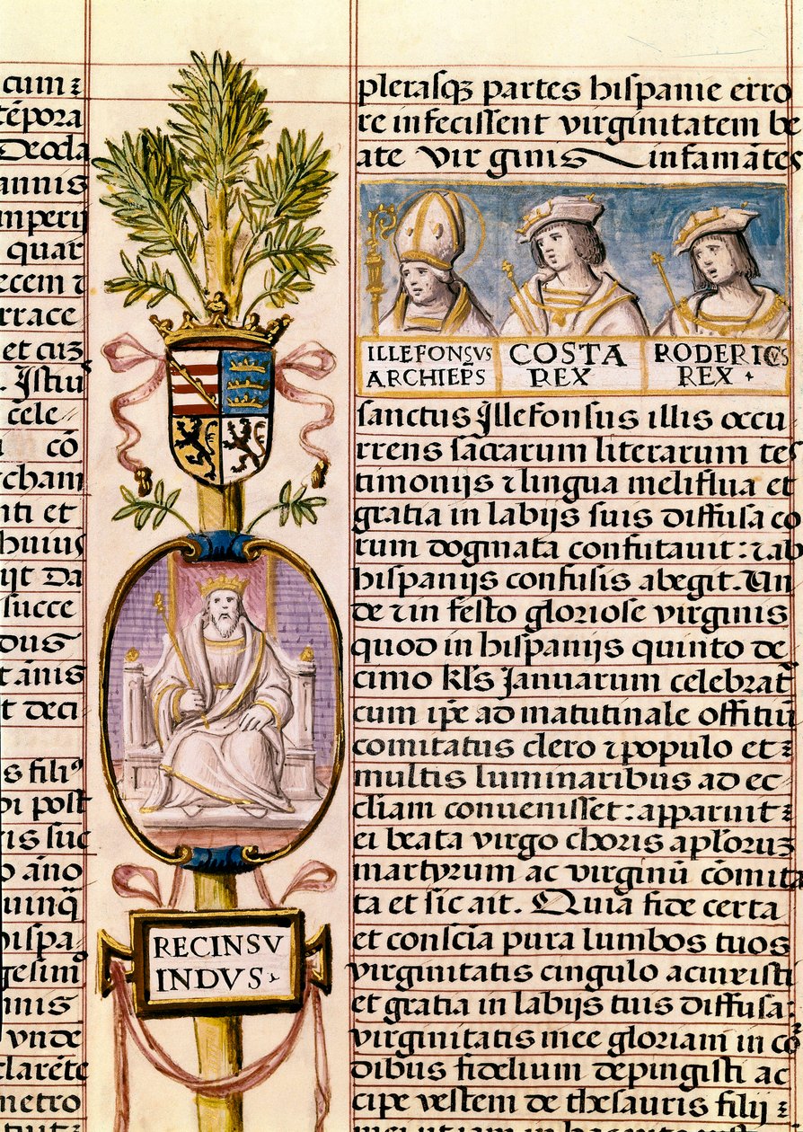 Portrét Flavia ​​Recceswintha, krále španělských Vizigótů od roku 653 do své smrti v roce 672, miniatura v „Genealogie španělských králů“ od Alfonso de Cartagena