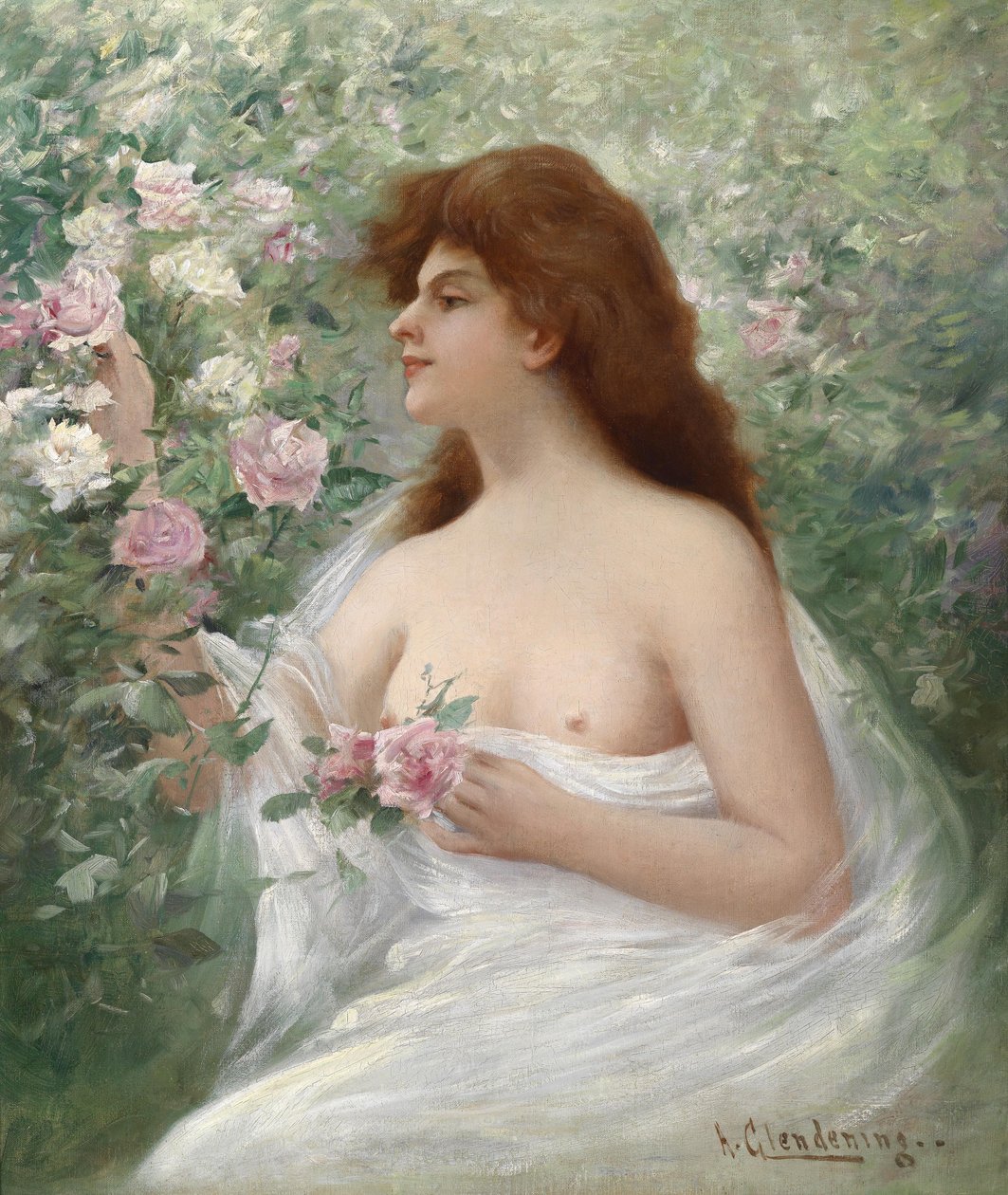 Mladá žena sbírá růže od Alfred Augustus Glendening