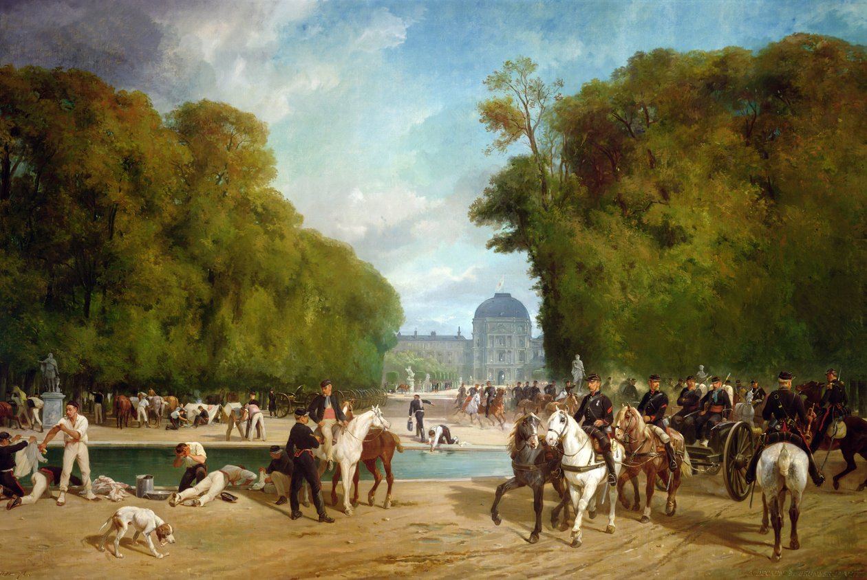 Francouzské dělostřelectvo se utábořilo v zahradách Tuileries během obléhání Paříže, koncem září 1870 od Alfred Brunner Lacoste, Emile Decaen