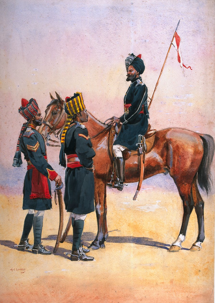 Vojáci 33. královniny vlastní lehké kavalérie, Daffadar (Musalman Rajput) a 34. kůň Poona prince Alberta Victora (Ratore Rajput) ilustrace k 