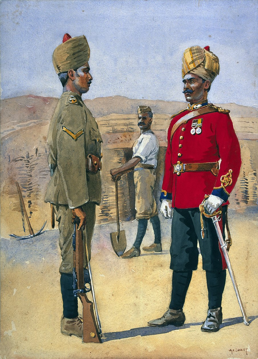 Vojáci 3. ženistů a horníků Lance, Naik, Brahman z Oudhu. Jemadah, Dekhani Mahratti, ilustrace k 