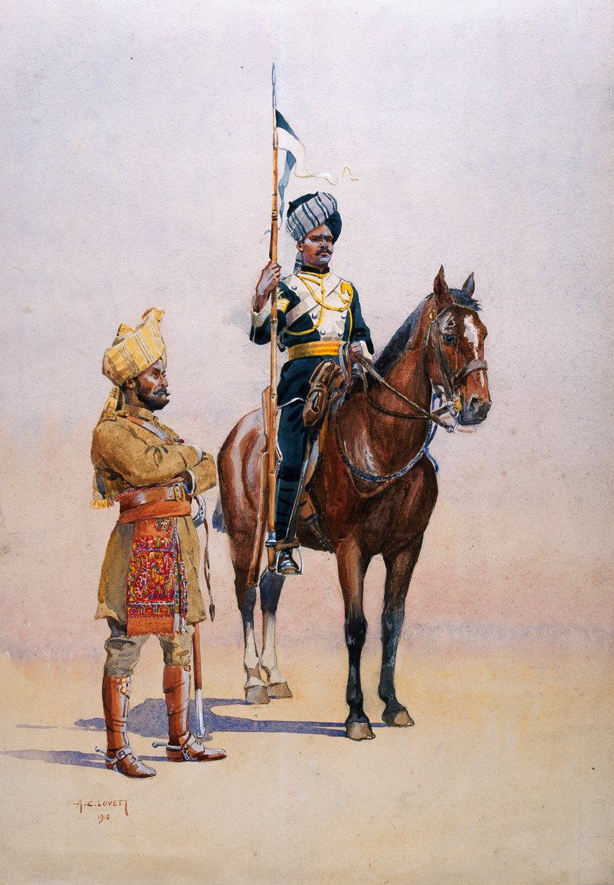 Vojáci mysorského dopravního sboru, ilustrace z knihy "Armies of India" od majora G. F. MacMunna, vydané v roce 1911, 1910 od Alfred Crowdy Lovett