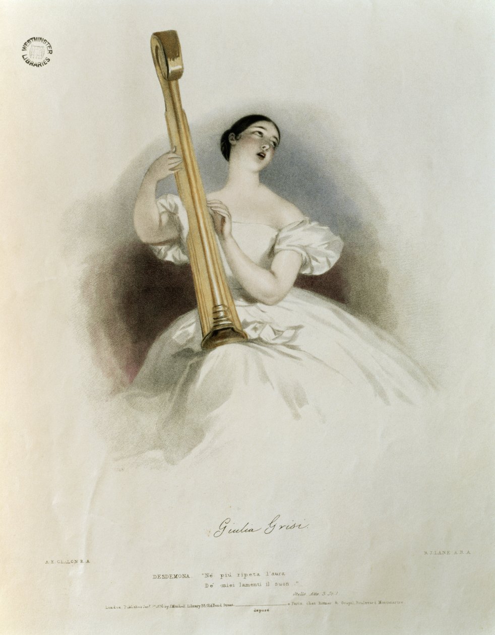 Giulia Grisi (1811-69) jako Desdemona v "Otellovi", ze "Vzpomínek na italskou operu", vyryl Richard James Lane (1800-72) 1836 od Alfred Edward Chalon
