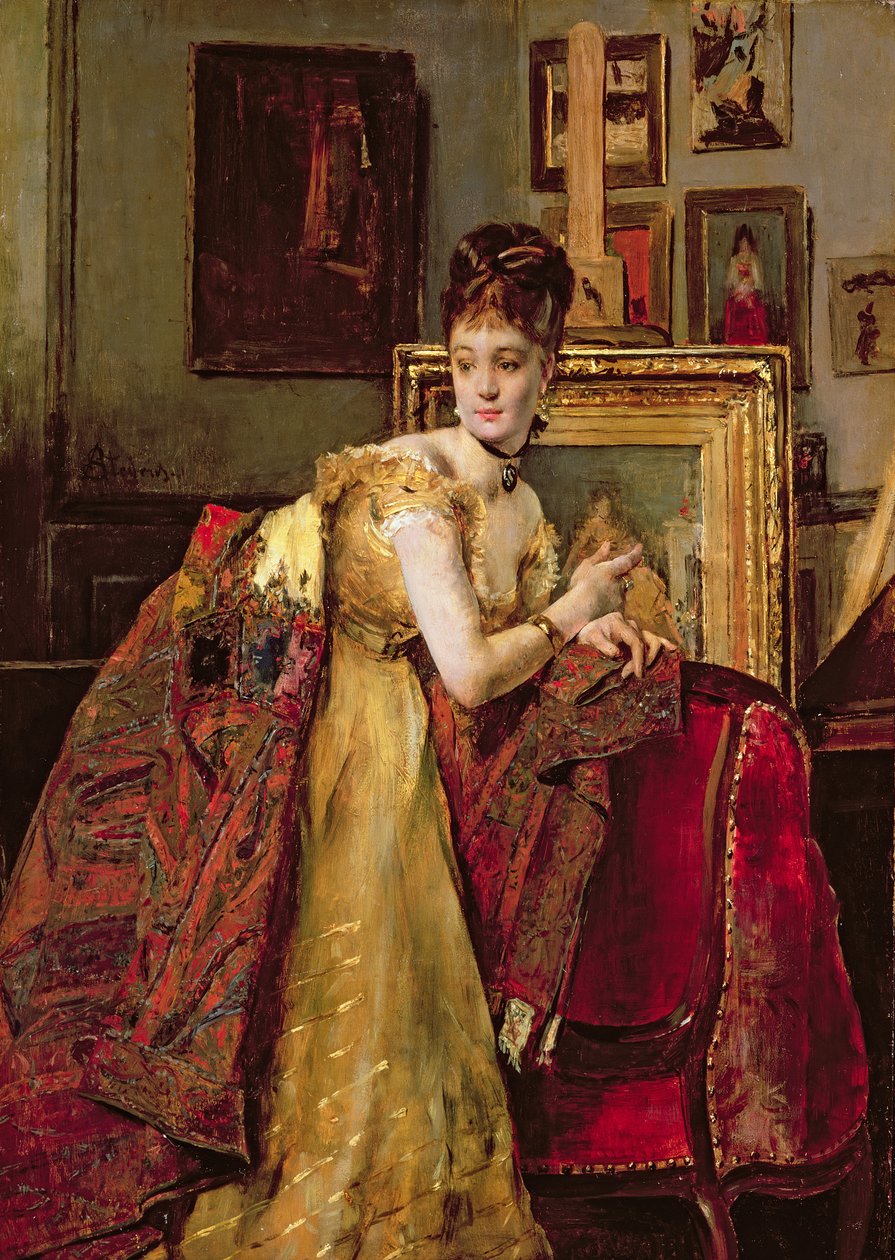 Žena s indickým šátkem ve studiu od Alfred Emile Stevens