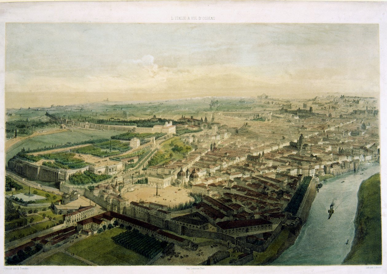 Pohled na Řím přes Porta del Popolo, litografie J. Arnout od Alfred Guesdon