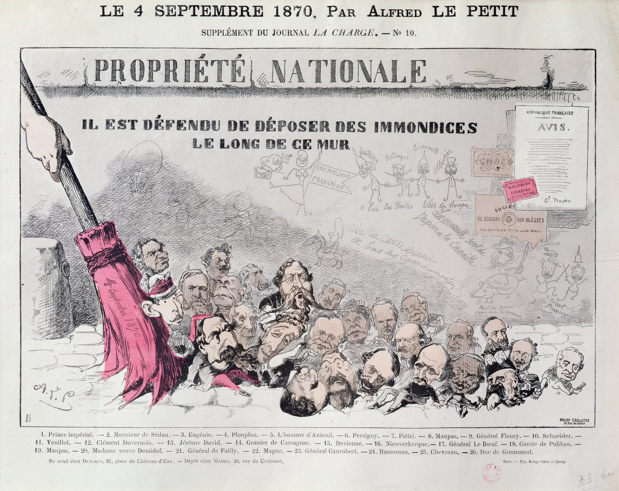 "Defense de deposer des immondices le long de ce mur", karikatura politiků druhého císařství, z "La Charge", 4. září 1870. od Alfred Le Petit