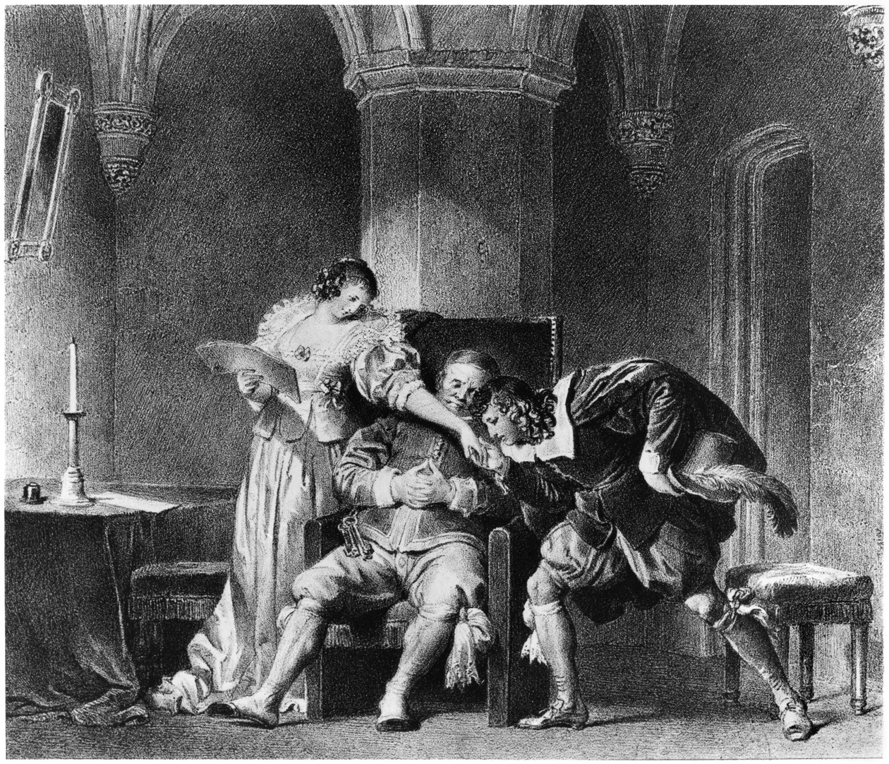 Rosine, Bartholo, hrabě Almaviva, ilustrace z 