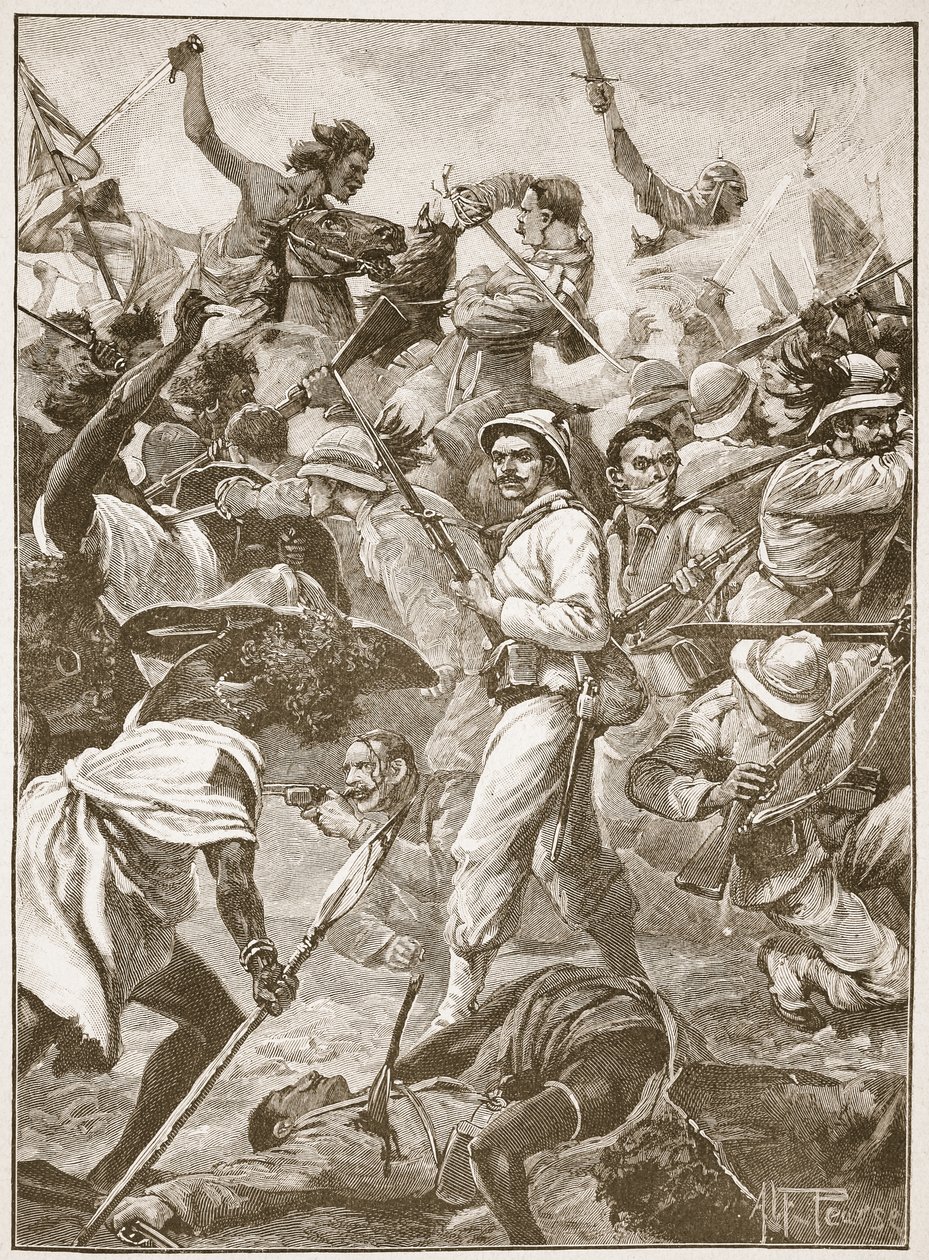 Hrstka Bersaglieriů na předsunutém stanovišti byla rozsekána na kusy, ilustrace z knihy "Battles of the Nineteenth Century" od Archibalda Forbese, G. A. Hentyho a majora Arthura Griffithse. od Alfred Pearse