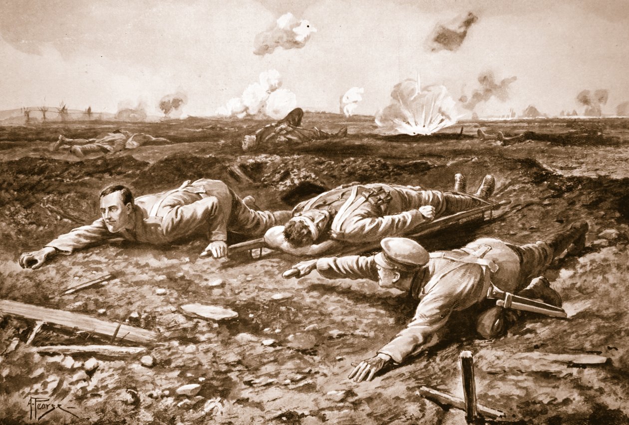 Desátník Brown a Lance-desátník Dobson táhnou pod palbou zraněného muže přes otevřené pole k britským liniím od Alfred Pearse