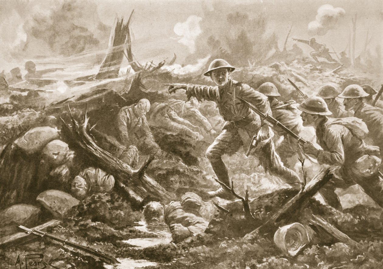 Poručík (dočasný podplukovník) R. B. Bradford, MC, shromažďuje muže z jiného praporu a vede je vpřed se svým praporem. od Alfred Pearse