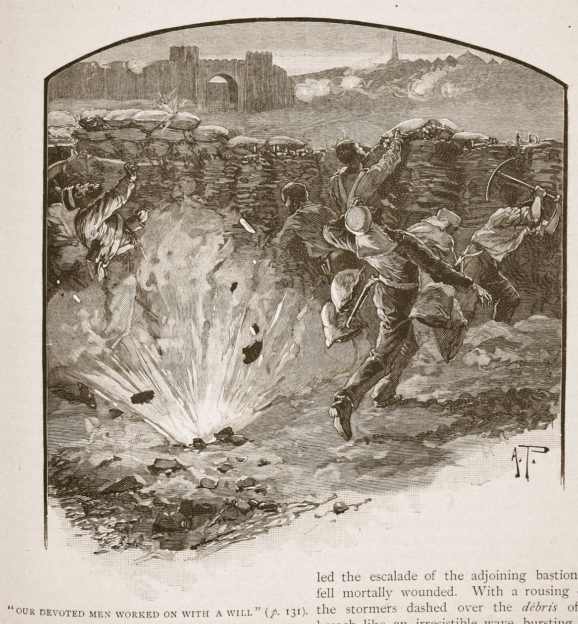 „Naši oddaní muži pracovali na základě vůle“, ilustrace z „Bitvy devatenáctého století“ od Archibalda Forbese, G.A. Henty a major Arthur Griffiths od Alfred Pearse